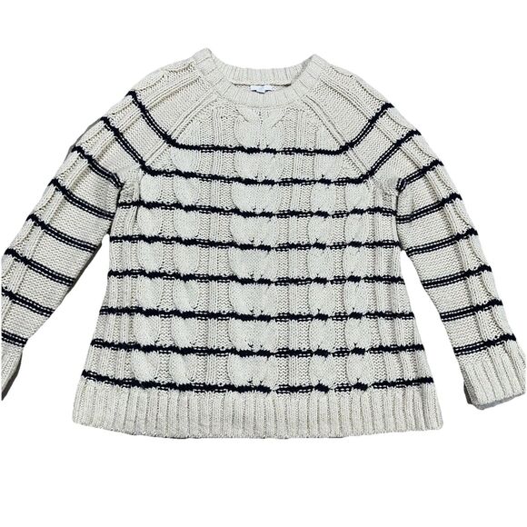 J Jill Sweater Womens Large Ivory Blue Stripe Cable Knit Nautical Crew Neck - Picture 4 of 9